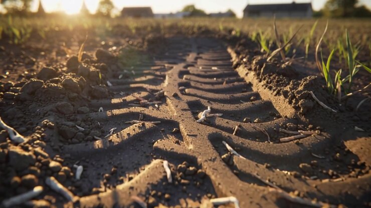 Pulling back camera showing tractor tire tread pressing into tilled soil at golden hour, lens flare