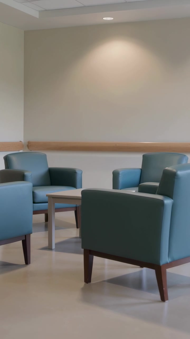 Vertical video: Panning camera showing teal chairs and coffee table in clinic for seating layout