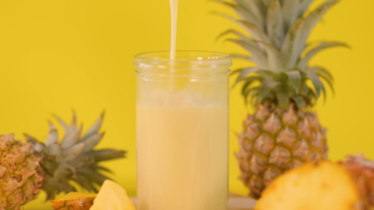 Creamy pineapple smoothie poured into glass, surrounded by fresh pineapples, bright yellow background, static shot
