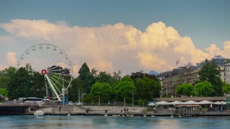 geneva city sunny sunset famous traffic lake bridge wheel panorama 4k timelapse switzerland