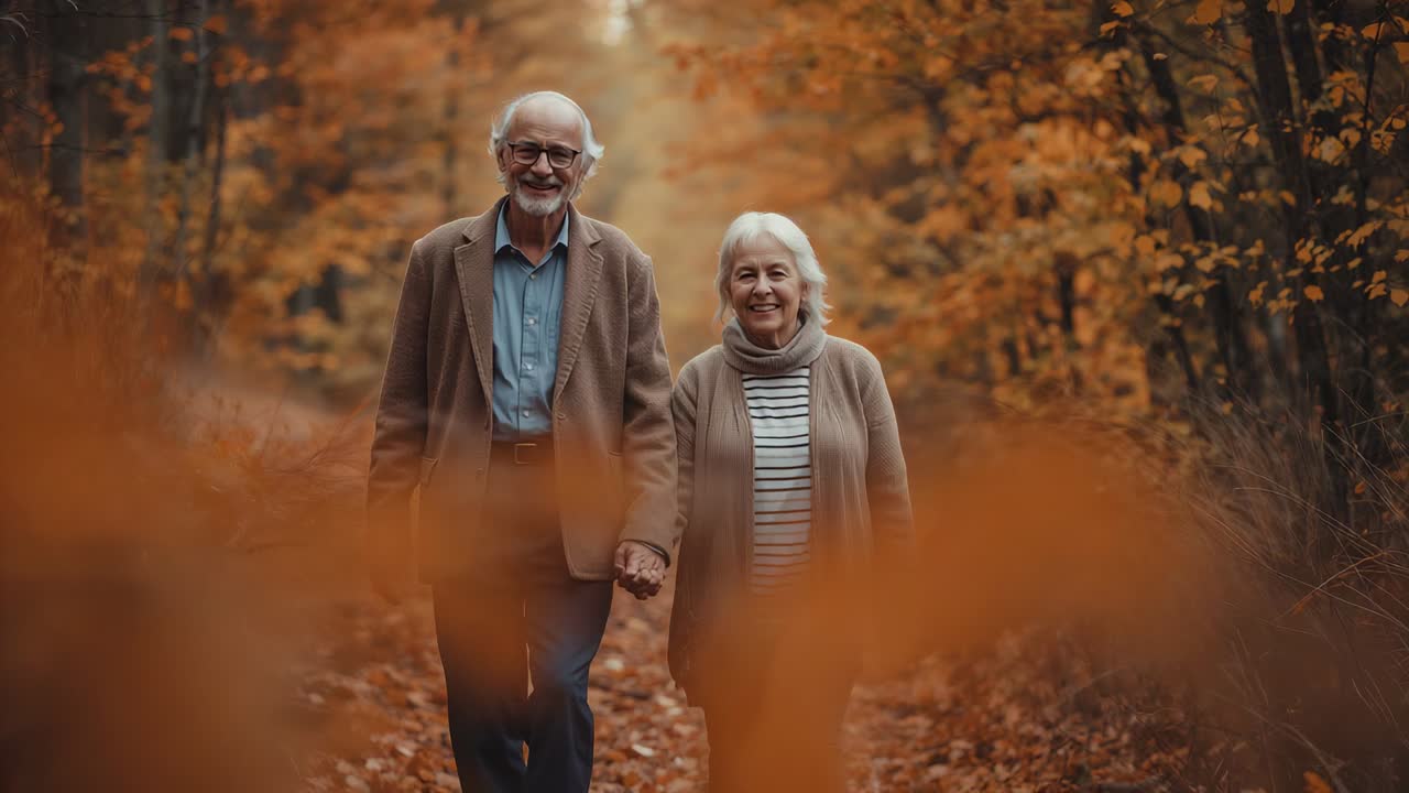Shifting blur revealing couple holding hands strolling toward camera along leafy path in tan coats