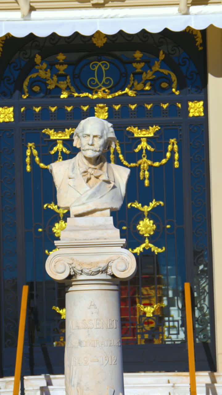 Massenet Monument on the facade of the Opera de Monte-Carlo in daylight. Vertical