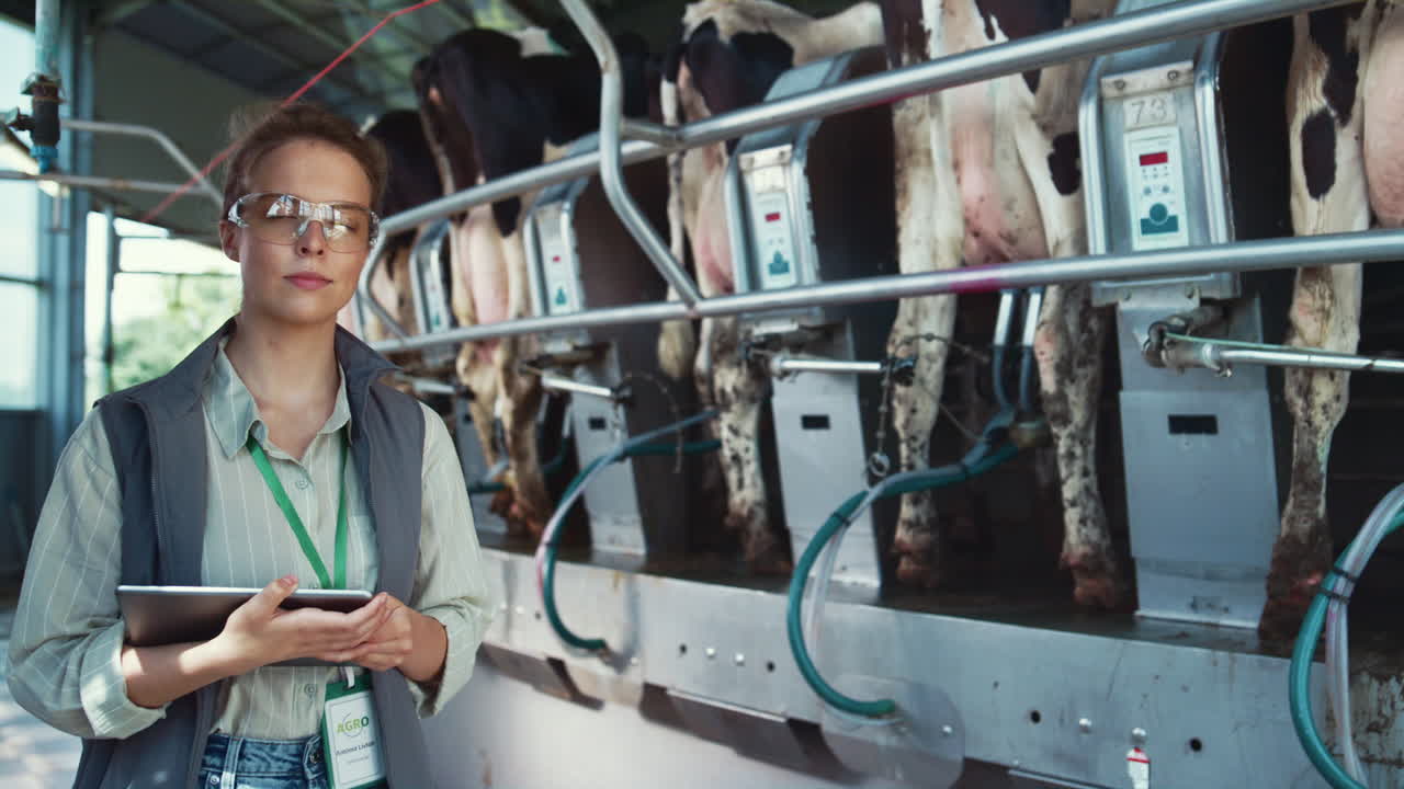 Serious woman dairy farm worker pose in parlour. Agriculture specialist at work.