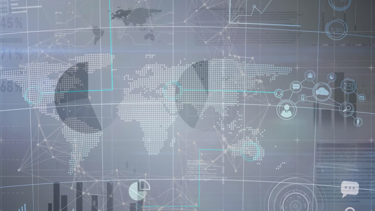 회색 배경의 세계 지도 위에 디지털 아이콘과 데이터 처리의 애니메이션