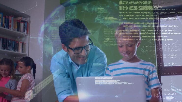 Animación de procesamiento de datos y un globo terráqueo sobre un maestro caucásico y un niño usando una computadora portátil en la escuela.