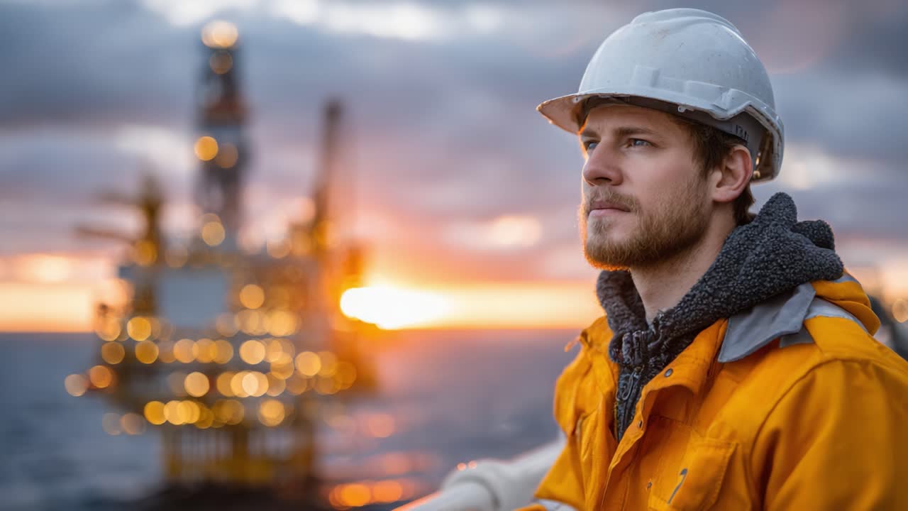 En eftertænksom medarbejder, der observerer en offshore olieplatform ved solnedgang, hvilket fremhæver udfordringerne og belønningerne ved livet til søs i energiindustrien