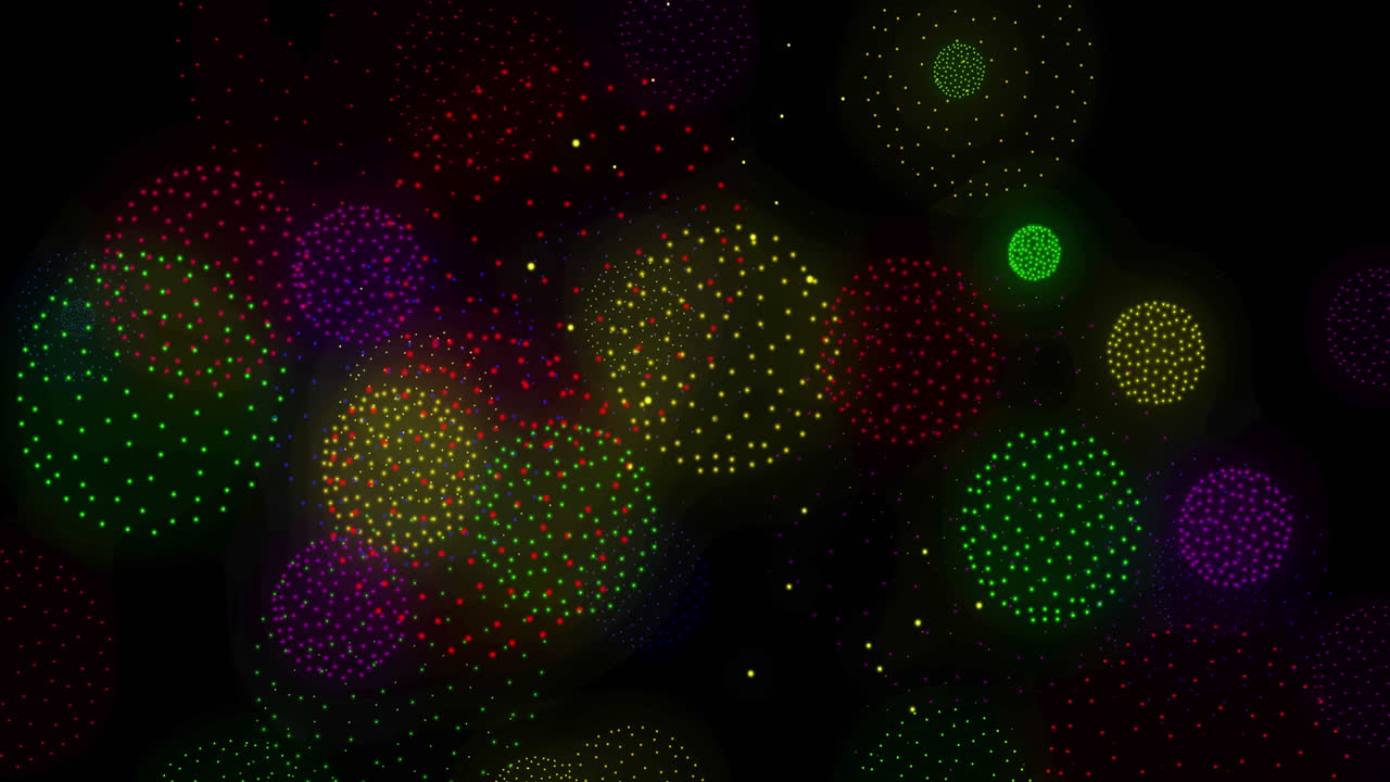 Animation of disco ball over shapes and fireworks on black backrgound