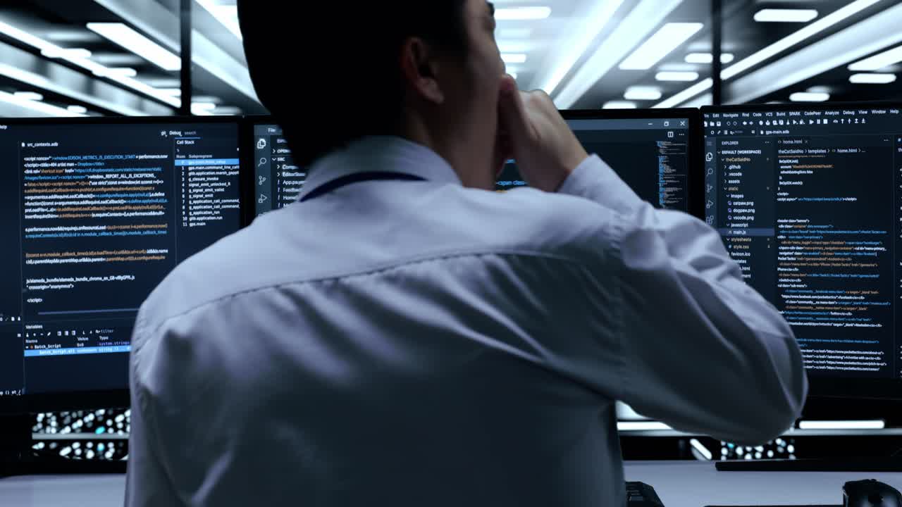 Programmer Working Late in Server Room