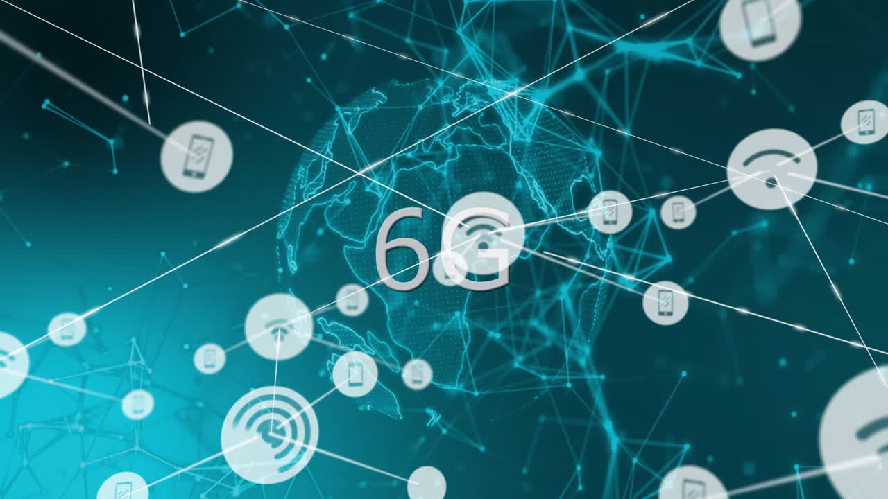 Digital network connections and 6G technology symbols over world map animation