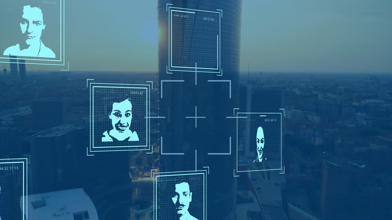 animación del alcance sobre múltiples iconos de perfil contra la vista aérea del paisaje urbano