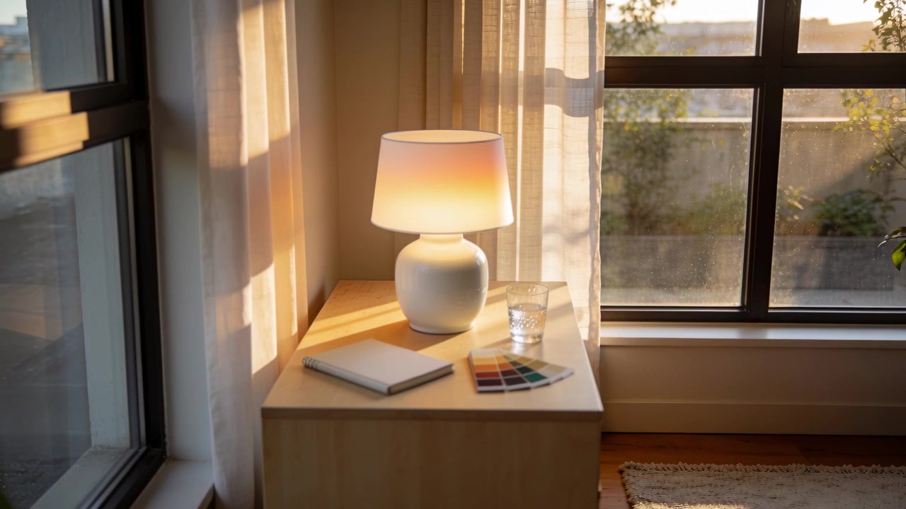Shifting sunlight and gentle draft moving warm bands across white lamp, notebook, swatches on table