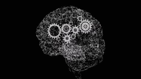 animation of brain rotating over black background with gears