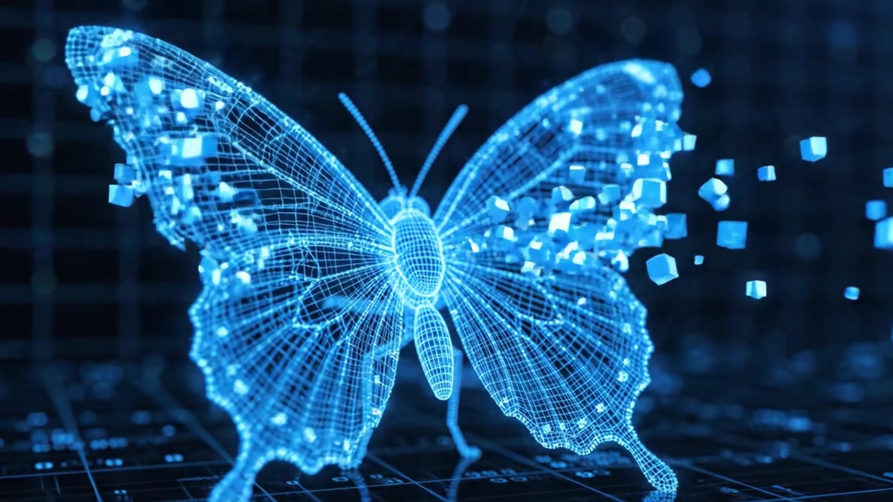 A Stunning Visualization of a Digital Butterfly: Exploring the Fusion of Nature and Technology Through Stunning 3D Wireframe Art and Vibrant Blue Lighting Effects