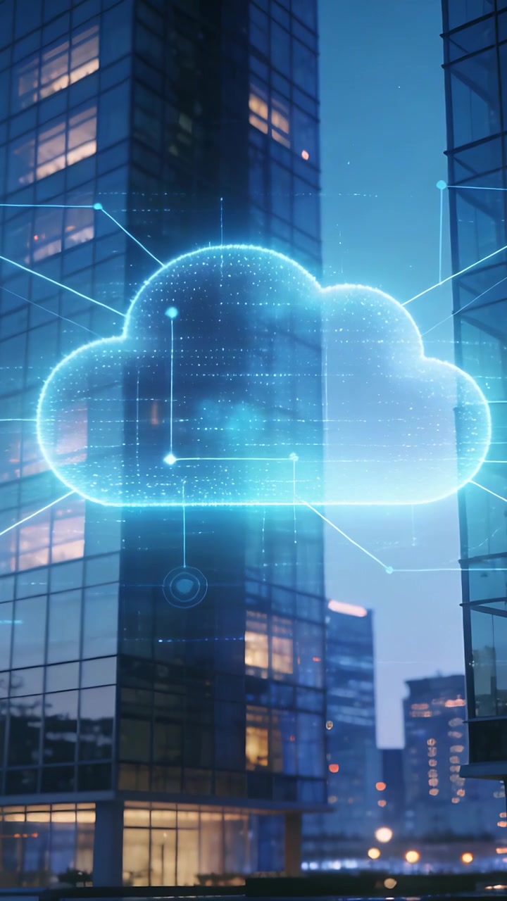 Vertical video: Rising hologram cloud pulsing sending beams to downtown towers at dusk routing data