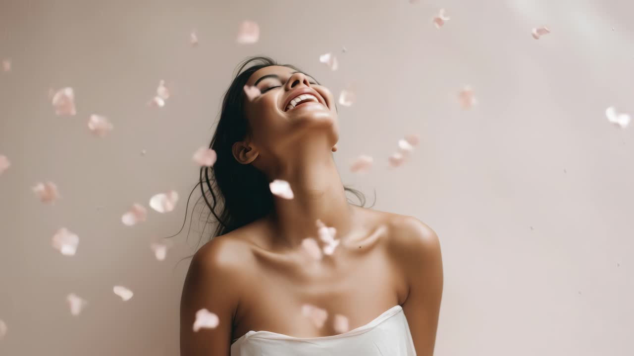 A joyful woman surrounded by falling petals, captured from a low angle