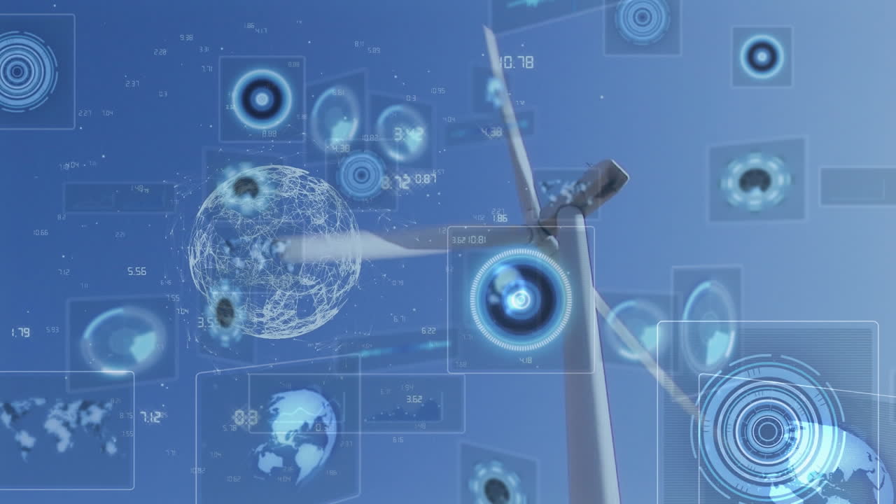 범위 스캐닝과 풍력 터빈 위의 지구와 함께 데이터 처리 애니메이션