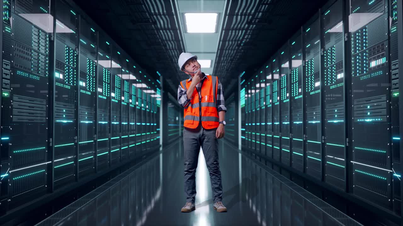 Full Body Of Asian Male Engineer With Safety Helmet Thinking About Something And Looking Around While Standing in Server Room Data Center
