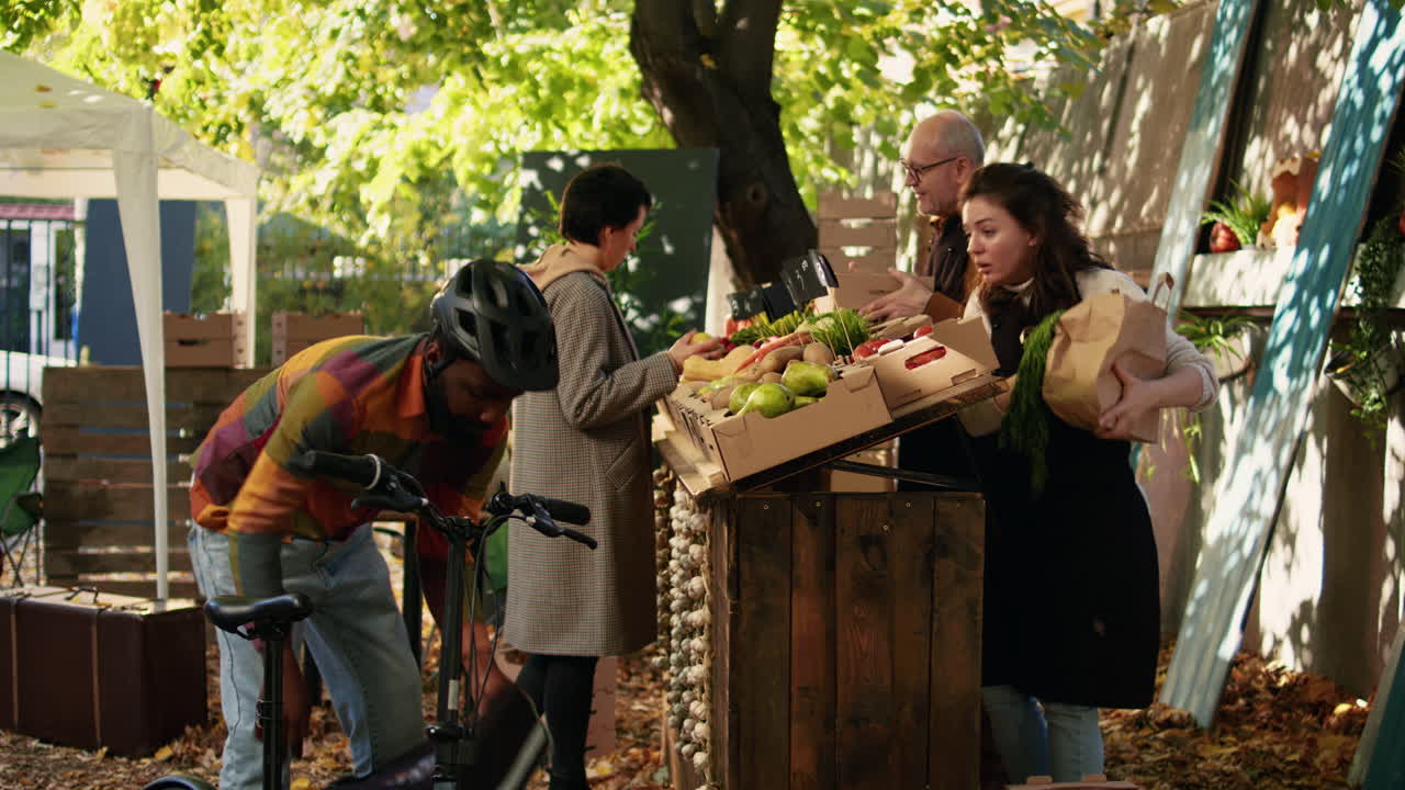 Farmers Market Scene with Customers and Food Delivery