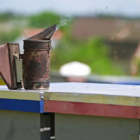 smoker stands on a beehive. bee chimney on background of beehives. apiculture concept. honey and bees. foundations of tools for hive.