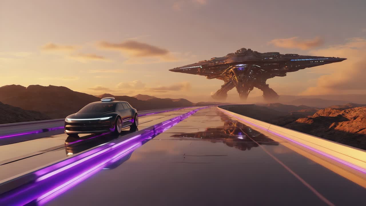 Futuristic Car on Neon Highway Approaching an Alien Spaceship at Sunset