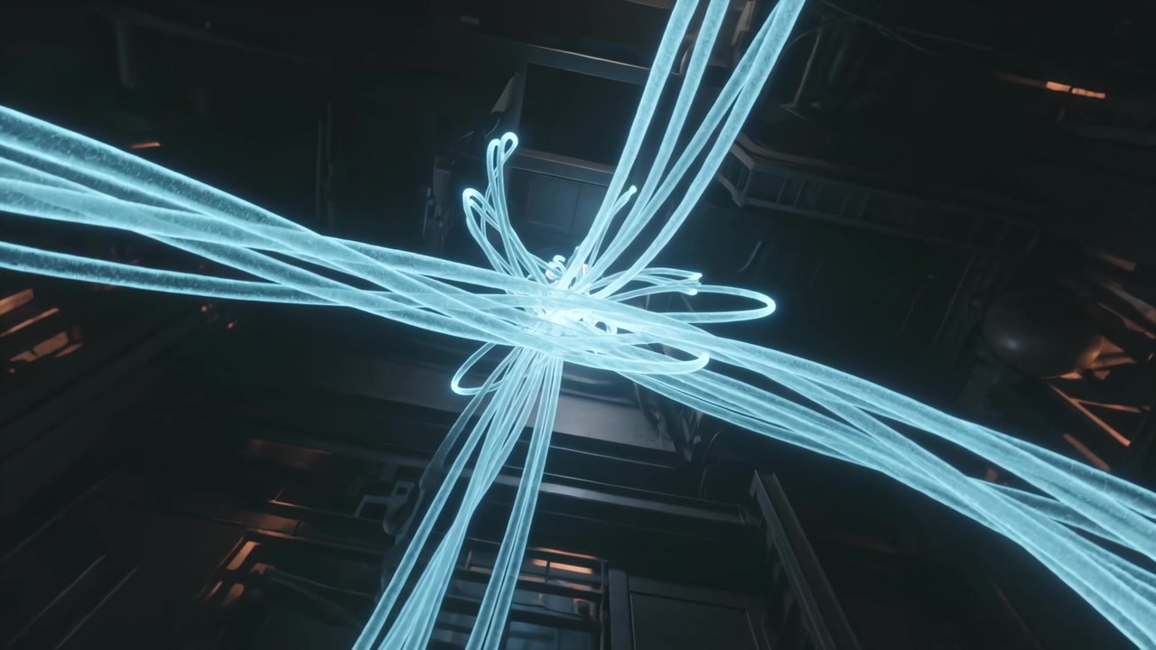 Tilting camera showing cyan strands knotting above metal beams, cable trays to reveal orange lights