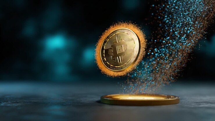 Un’immagine ipnotica di una moneta sospesa a mezz'aria, circondata da un turbinio accattivante di particelle dorate, che enfatizza la magia della valuta e del valore