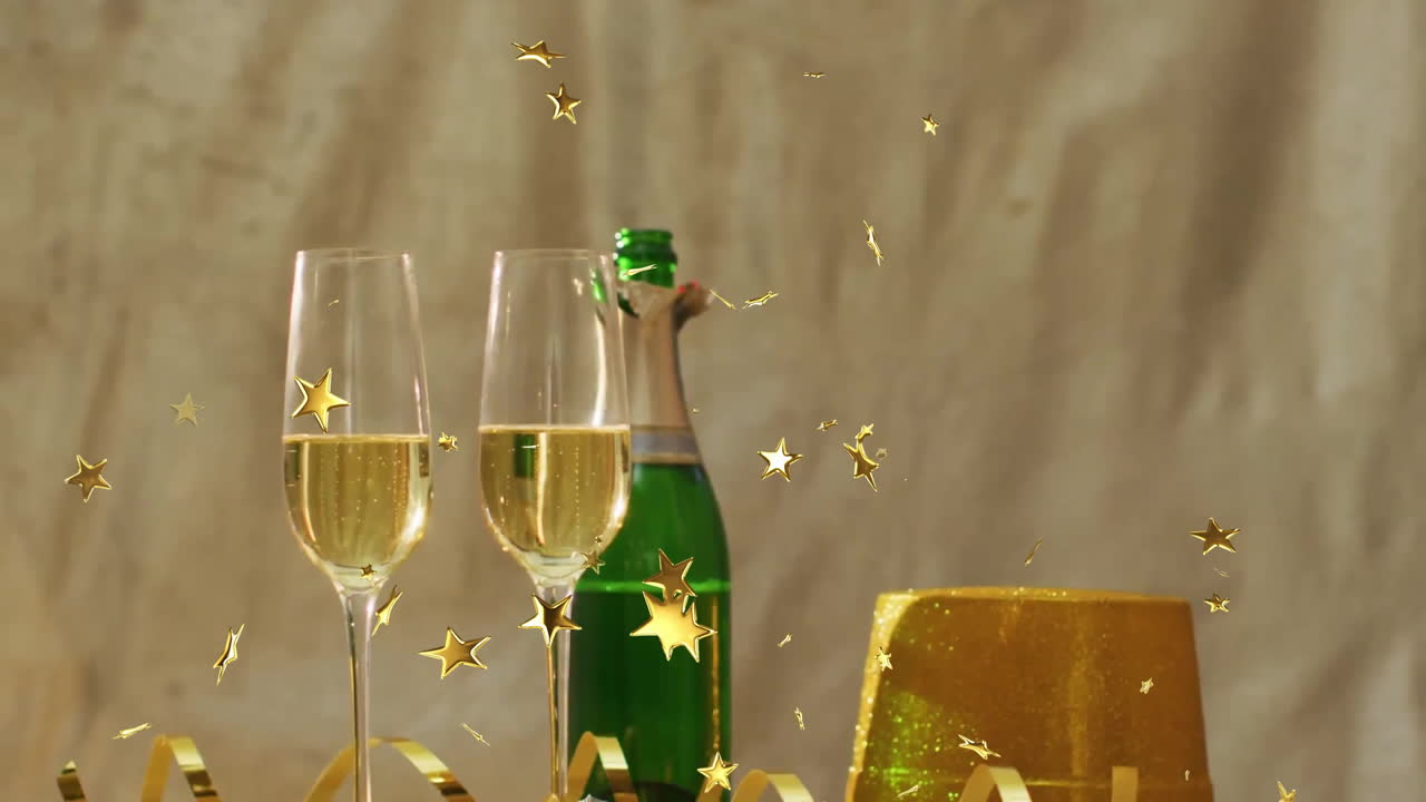 Animazione di stelle sopra bicchieri e bottiglia di champagne