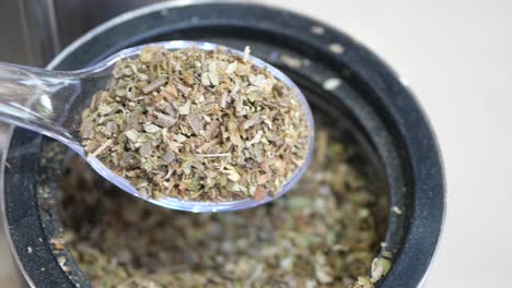 adding dried oregano to a spice grinder