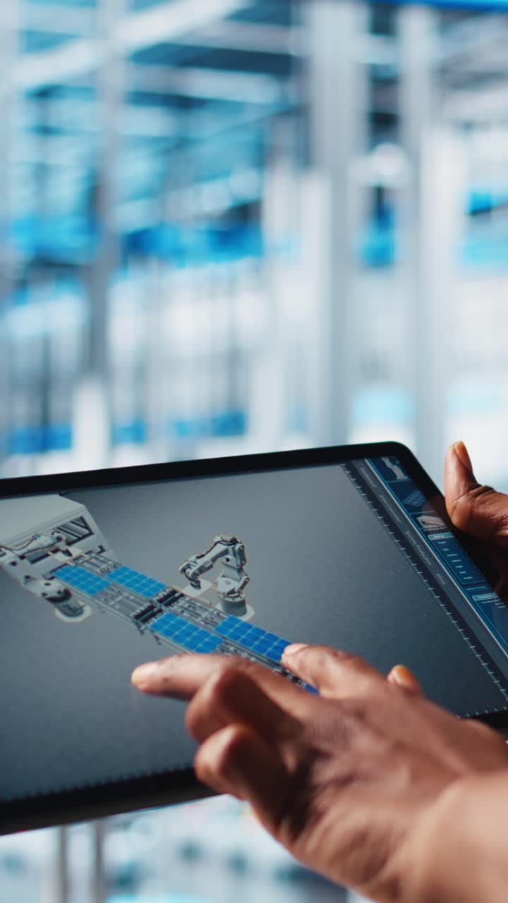 Vertical video Smart factory engineer designs robotic machines using CAD software