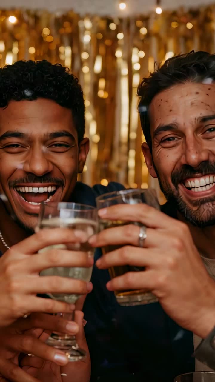 Vertical video: Smiling two men raising and toasting glasses at party corner with confetti, tinsel