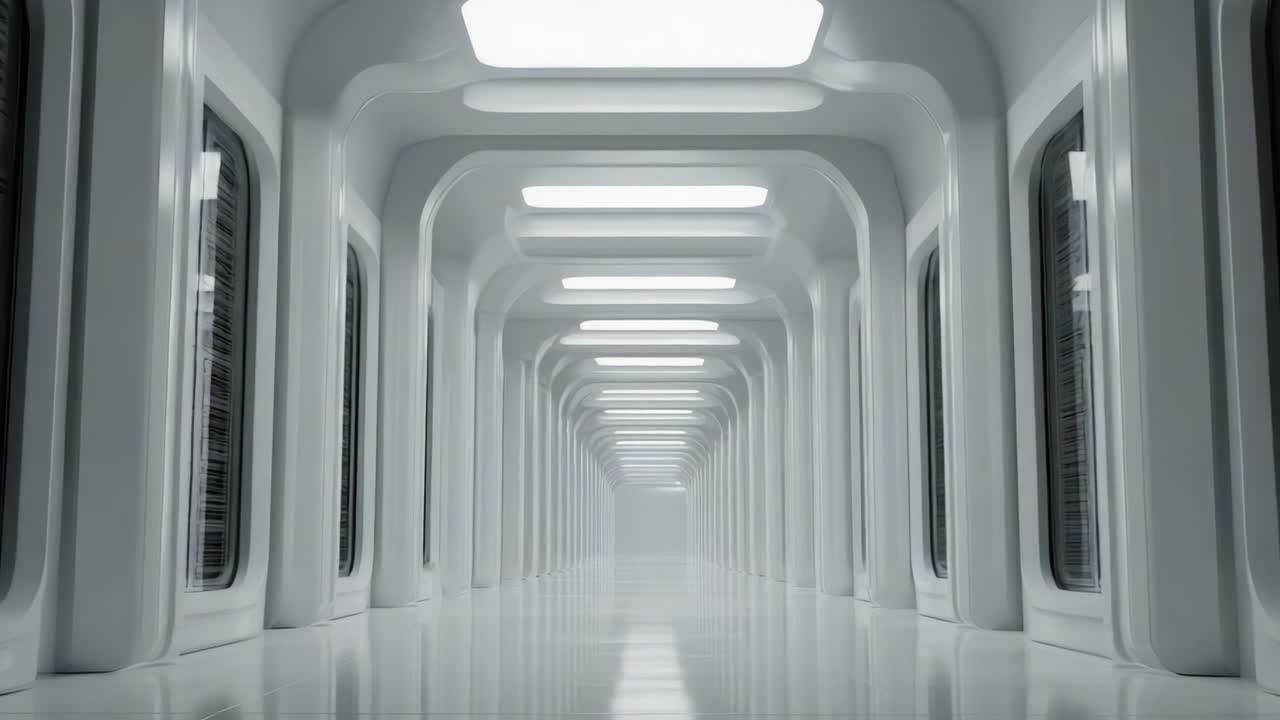 A Futuristic Corridor with Sleek Design and Bright Lighting, Showcasing a White Structure with Curved Archways and a Minimalistic Aesthetic Perfect for Sci-Fi Settings