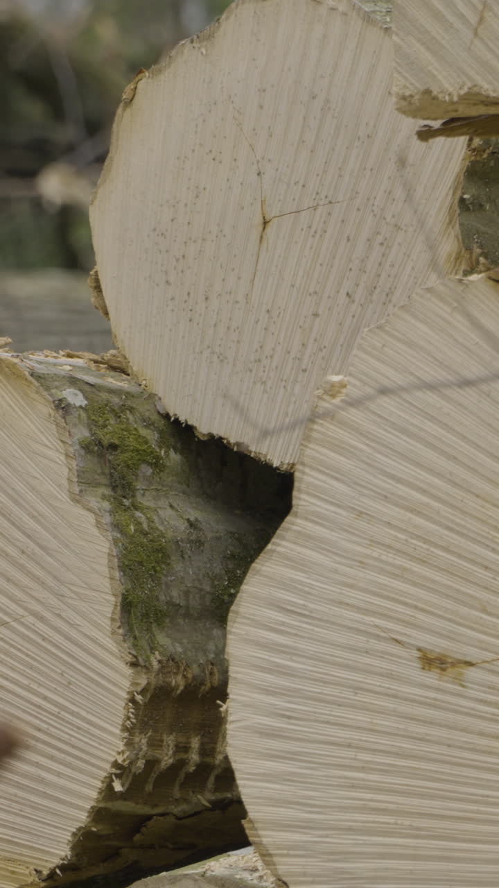 Detailed vertical shot of stacked logs showing wood grain and texture after deforestation. Ideal for environmental or industrial content