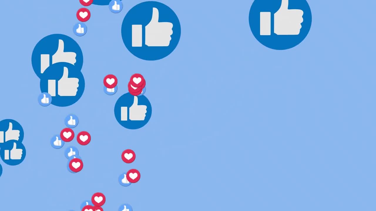Animazione di icone digitali di cuori e pollici in su dei social media che fluttuano su sfondo blu