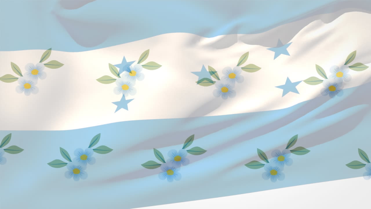 Digital composition of floral designs in seamless pattern against waving honduras flag