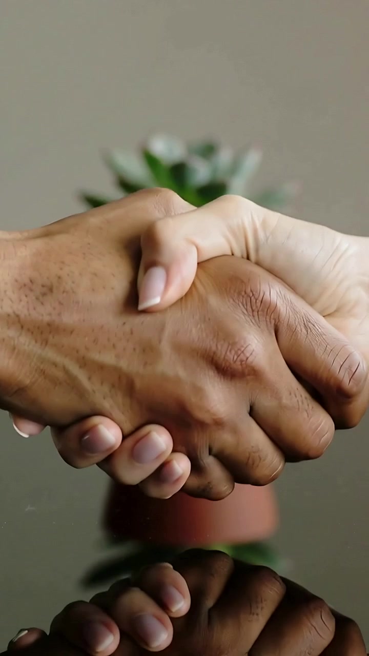 Video verticale: Saluto di due mani adulte che si stringono su una scrivania lucida in ufficio, con una pianta grassa in vaso