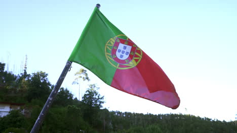 bandera de portugal ondeando en el aire, frondosos árboles en el fondo - tiro panorámico inclinado hacia abajo