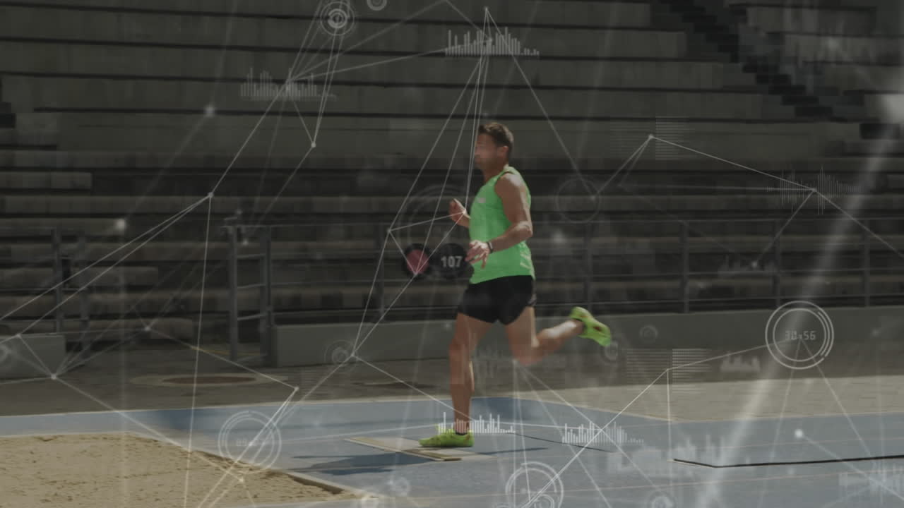 animación del procesamiento de datos sobre un macho caucásico saltador de longitud