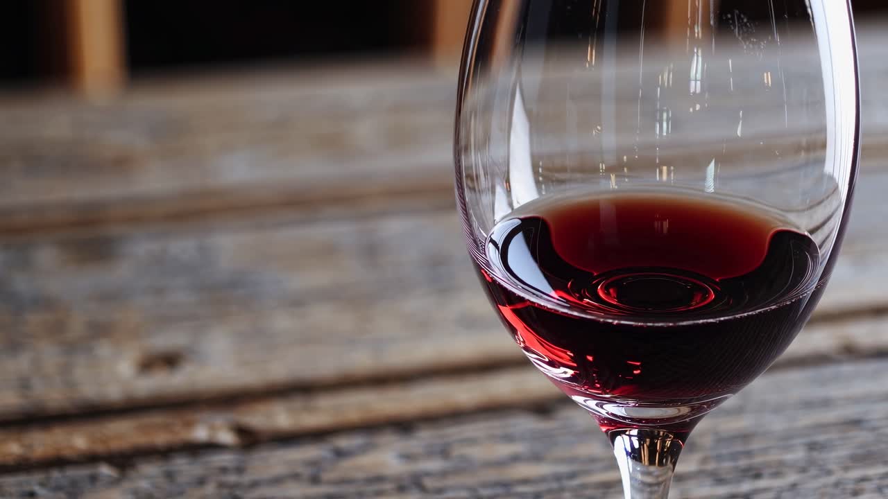Primo piano video di un bicchiere di vino su un tavolo di legno rustico, che cattura ricche tonalità rosse