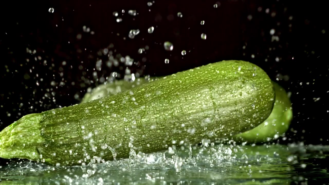 Zucchine verdi fresche che cadono nell'acqua con schizzi al rallentatore.