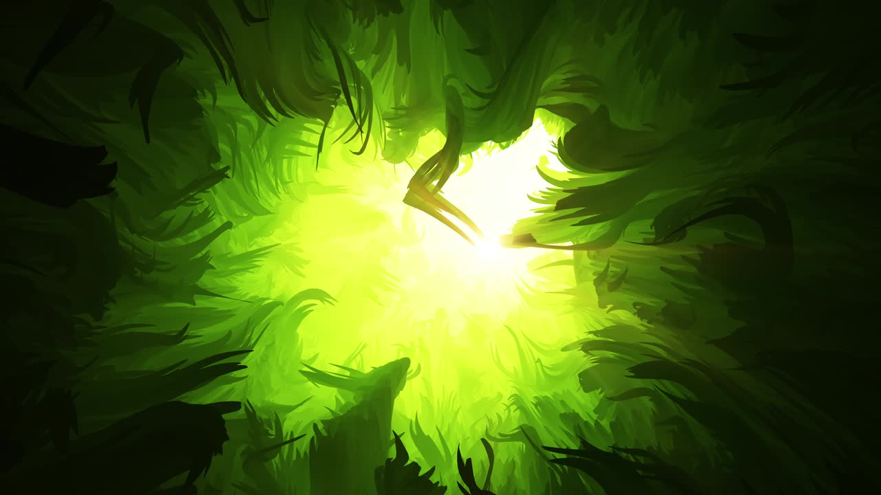 túnel floral verde con luz al final con plantas onduladas