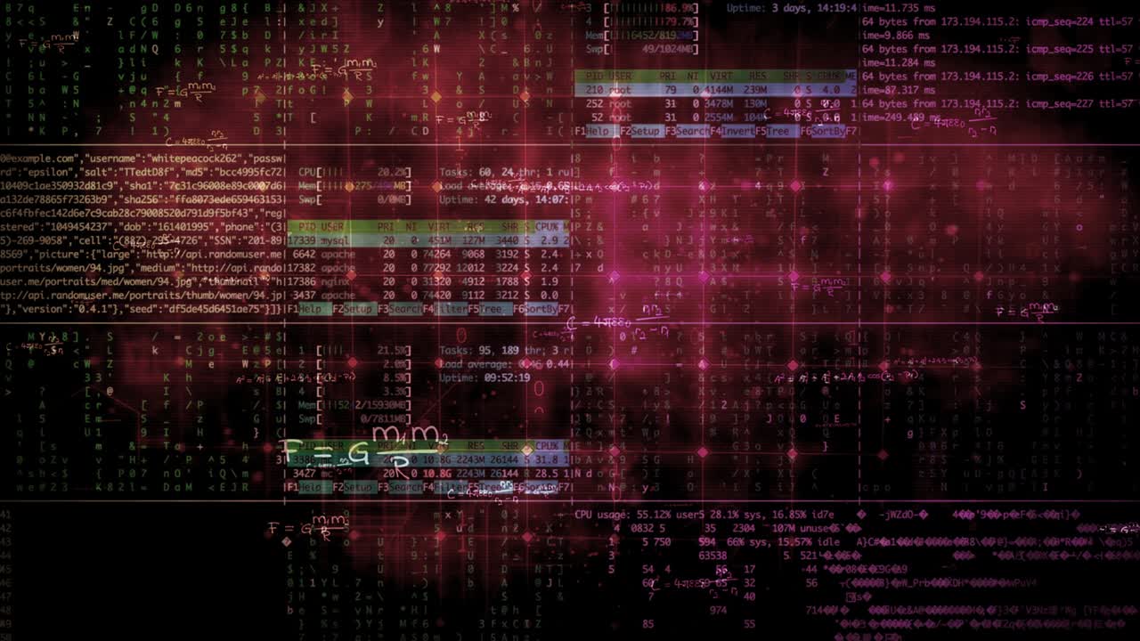 4k abstracto red digital oscura tecnología de comunicación de datos imágenes de fondo. red de datos, fórmulas matemáticas y varios iconos de negocios superposición. bucle sin costuras