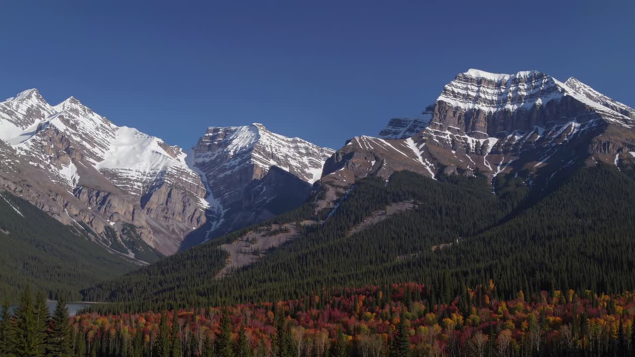 Aerial video captures majestic snow-capped mountains with lush forests in the foreground