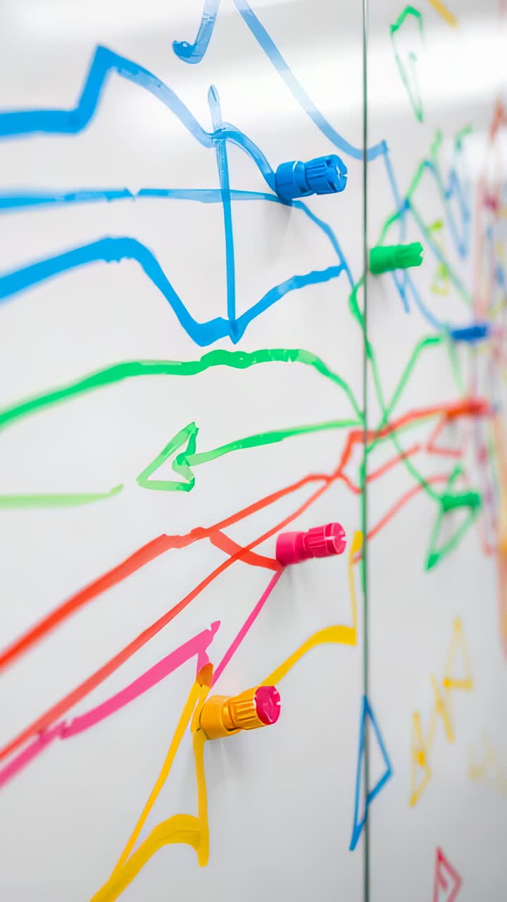 Vertical video: Panning camera revealing whiteboard in office, showing magnets, lines for planning