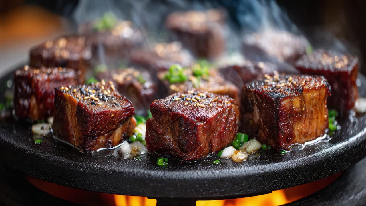 Delectable Grilled Meat Cubes Sizzling on a Hot Plate, Infused with Aromatic Smoke and Garnished with Chopped Green Onions for an Irresistible Culinary Experience