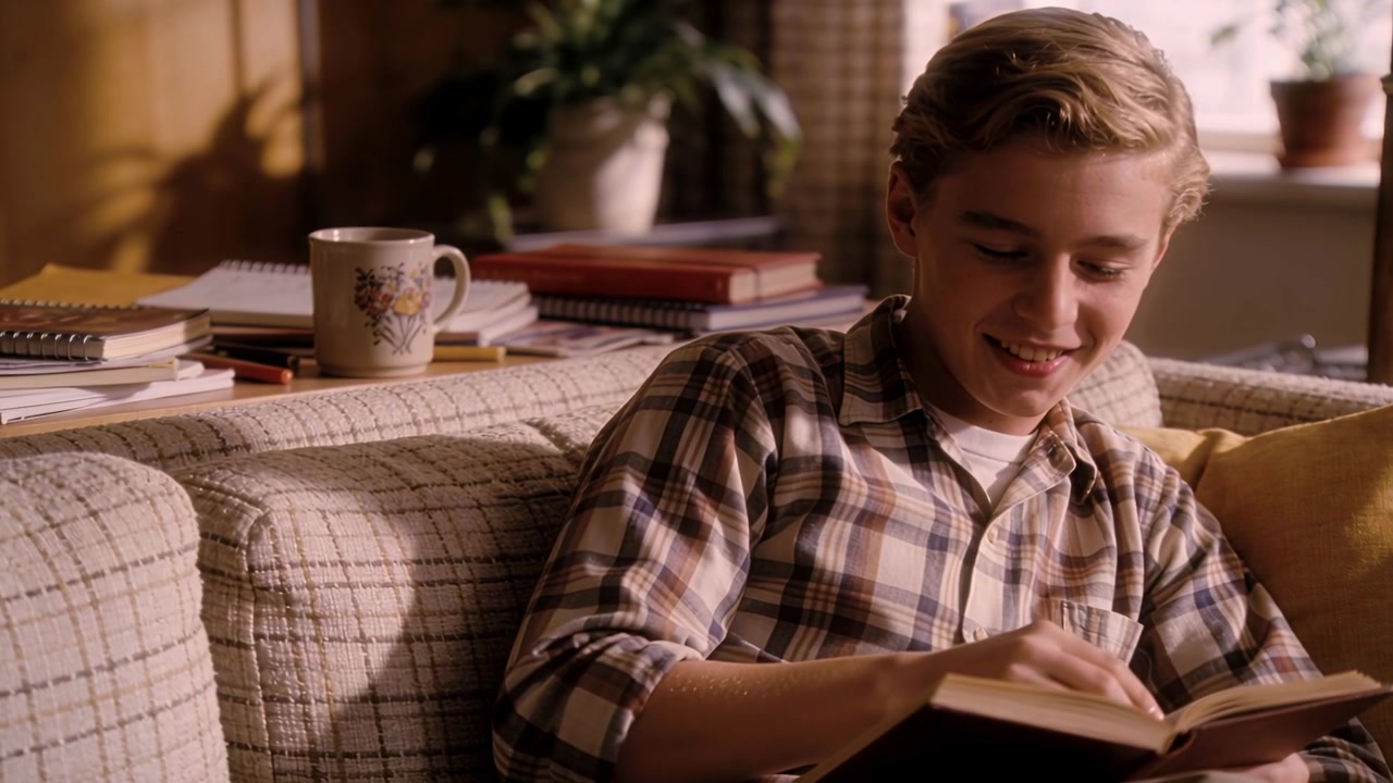 Opening hardback book, teen in plaid shirt flipping pages and studying in living room, notes mug