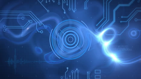 digital circuit board and futuristic interface animation over blue background