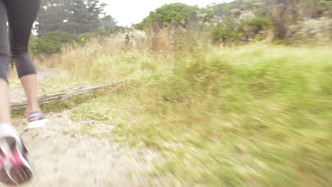 woman running trail close up shoes steadicam shot