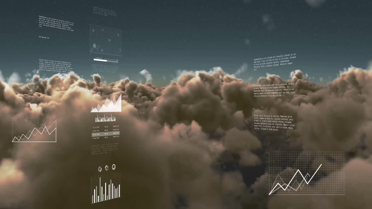 Animation of data processing over sky with clouds