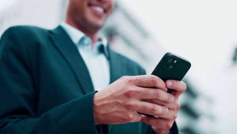 hands, phone and business man in city typing