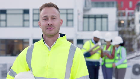 City-construction,-face-and-man-at-building